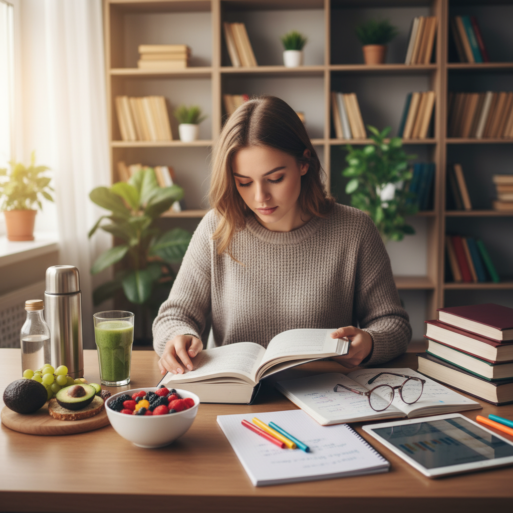 Person reading at a desk with healthy food items and reference materials nearby