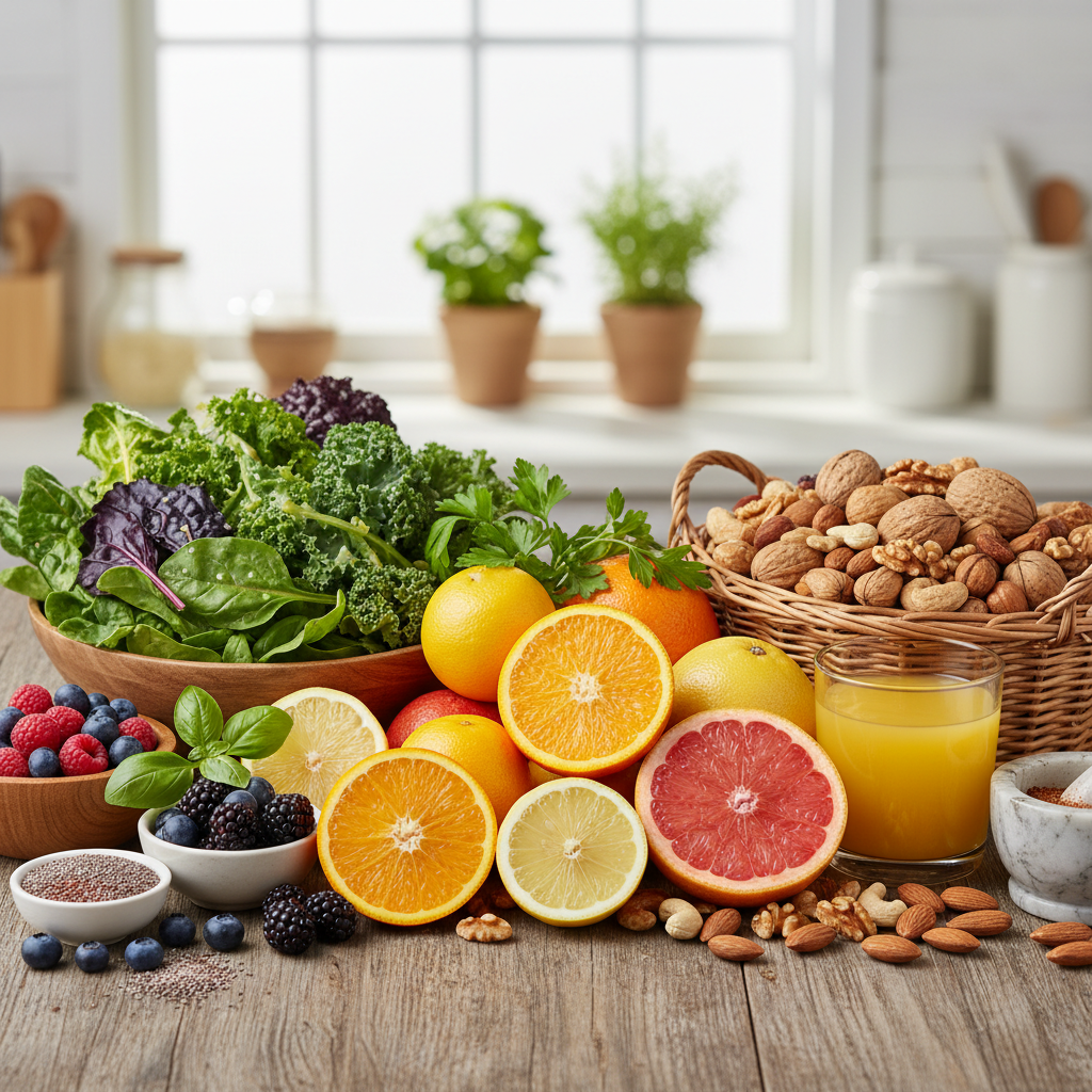Natural food sources rich in vitamins including citrus fruits, nuts, and leafy greens